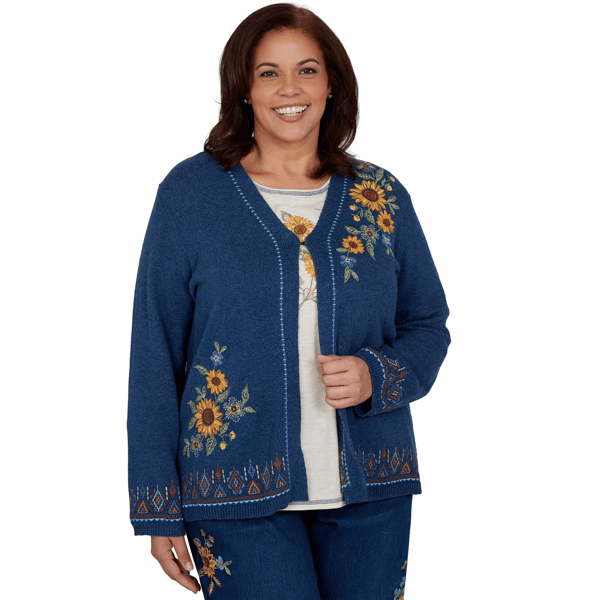 Plus Size Alfred Dunner Tuscany Sunflower Embroidery Cardigan