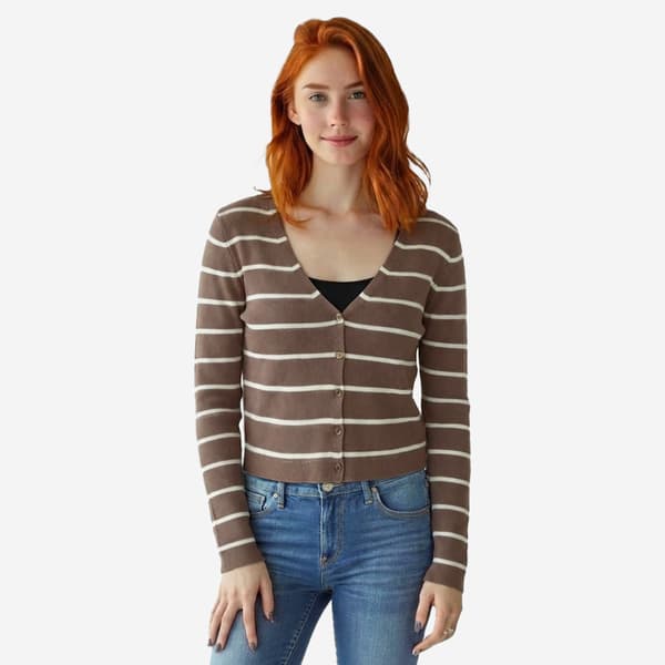 Juniors Pink Rose Stripe Button Front Cardigan