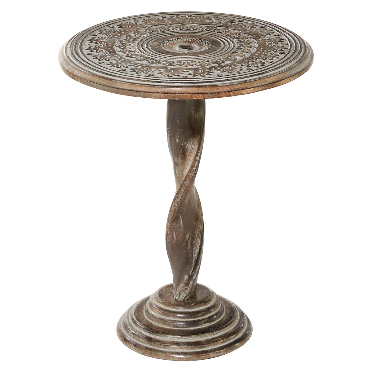 9th & Pike® Round Distressed Wood Carved Accent Table
