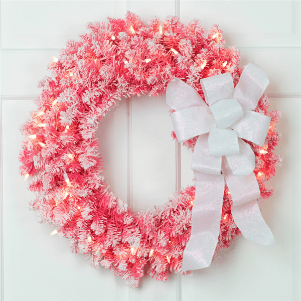 Northlight 24in. Pre-Lit Flocked Pink Artificial Christmas Wreath - image 