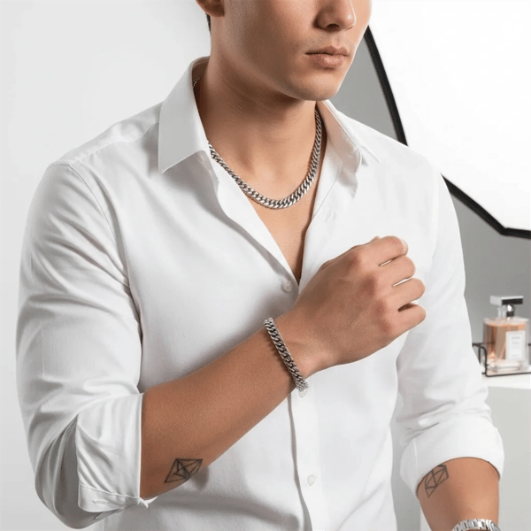 Mens Iron Saints 8mm Cuban Link Silver-Tone Necklace Bracelet Set