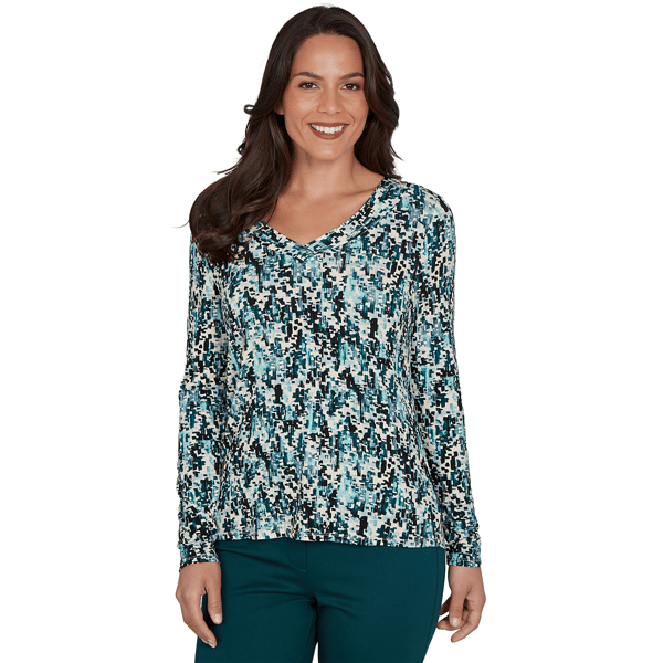 Womens Emaline Key Items Long Sleeve V Neck Abstract Tee - image 