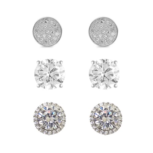 3pr. Silver Plated Round Halo and Pave Stud Earrings Set