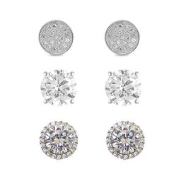 Silver Plated Round Halo and Pave Stud Earrings Set