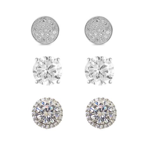 Silver Plated Round Halo and Pave Stud Earrings Set