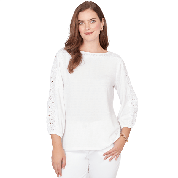 Petite Ruby Rd. California Dreaming Textured Solid Lace Trim Top - image 