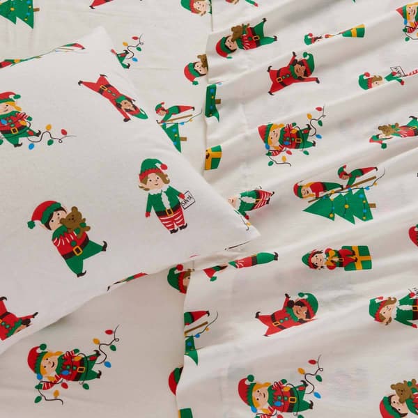 Freshfolds Cotton Christmas Elves Holiday 4pc. Flannel Sheet Set