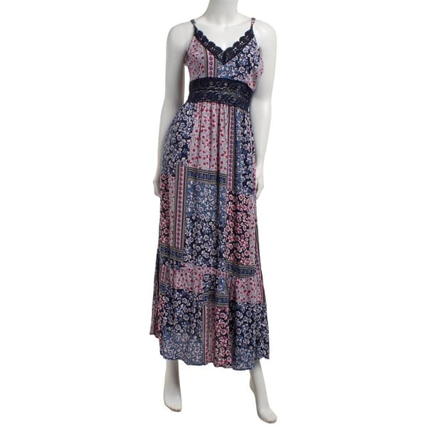 Juniors Angie Patchwork Crochet Lace Trim Maxi Slip Dress