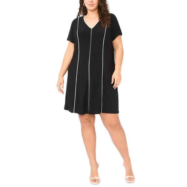 Plus Size MSK Short Sleeve V Neck Stripe A-Line Dress