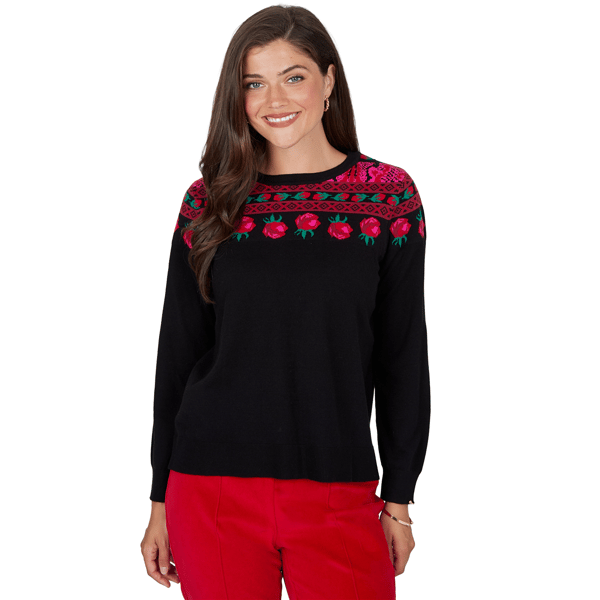 Petite Ruby Rd. Mysterious Romance Fair Isle Rose Sweater