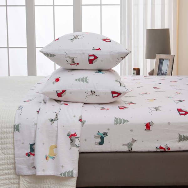 Freshfolds Cotton Pups in the Snow Holiday 4pc. Flannel Sheet Set