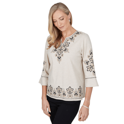 Womens Alfred Dunner Cityscape 3/4 Sleeve Embroidered Blouse