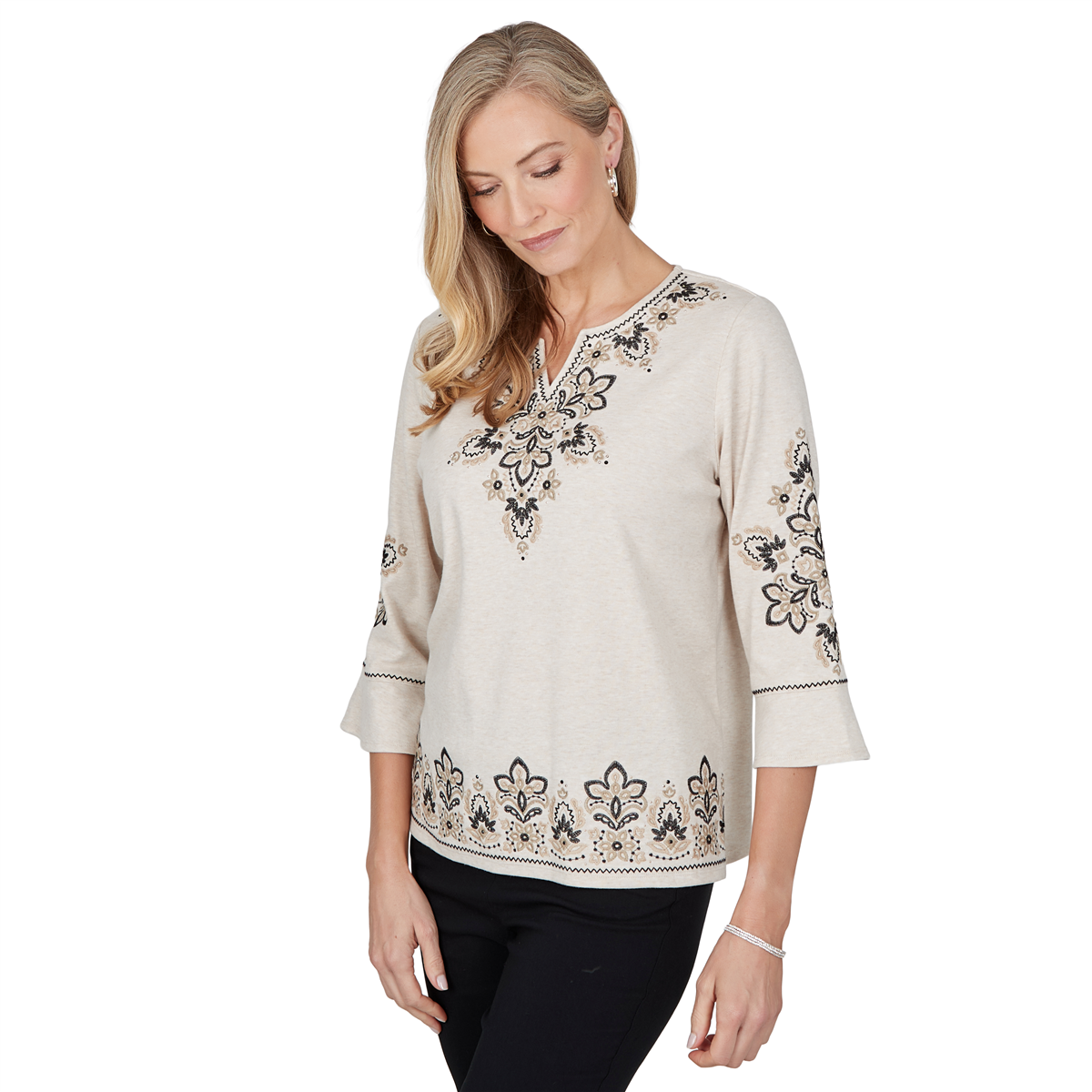 Womens Alfred Dunner Cityscape 3/4 Sleeve Embroidered Blouse