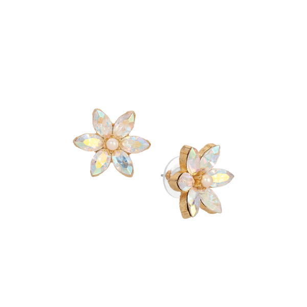 1928 Gold-Tone AB Crystal & Faux Pearl Floral Stud Earrings - image 