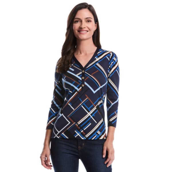 Womens Rafaella(R) 3/4 Puff Sleeve V Neck Tossed Stripe Blouse