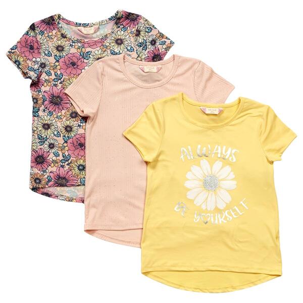 Girls &#40;7-12&#41; bkind 3pk. Short Sleeve Glitter & Flower Yummy Tees - image 