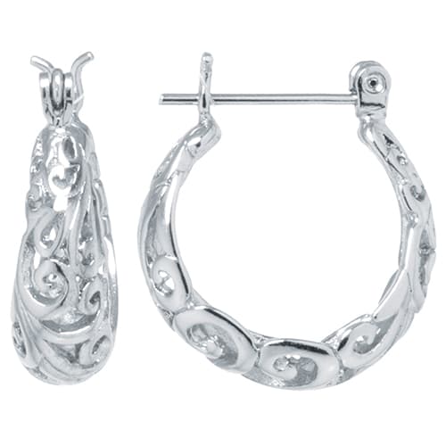 Fine Silver Plated 17mm Filigree Click Top Hoop Earrings