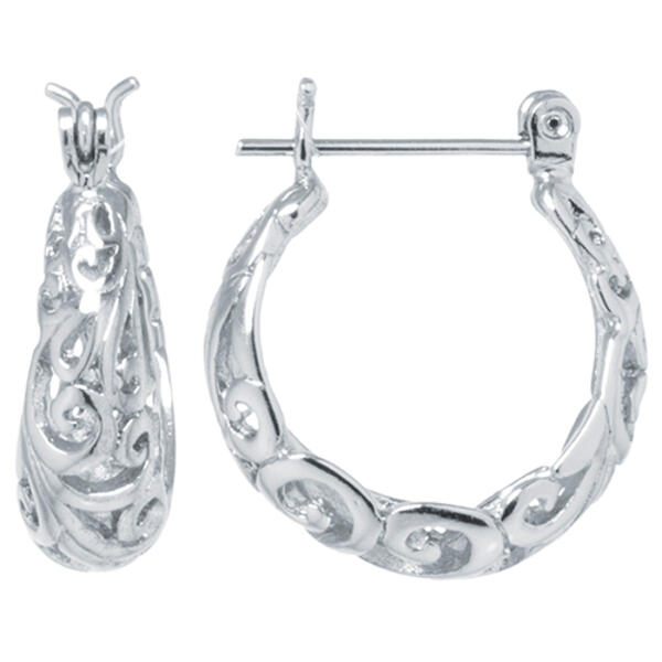 Fine Silver Plated 17mm Filigree Click Top Hoop Earrings - image 