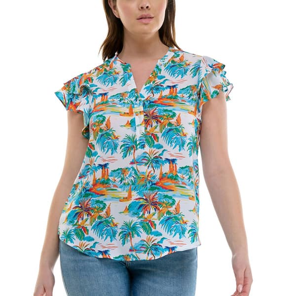 Womens Zac & Rachel Flutter Sleeve Beach Scenic Crepe Blouse