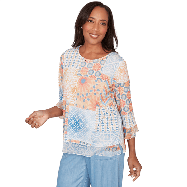 Petite Alfred Dunner Beachcomber Flounce Sleeve Blouse