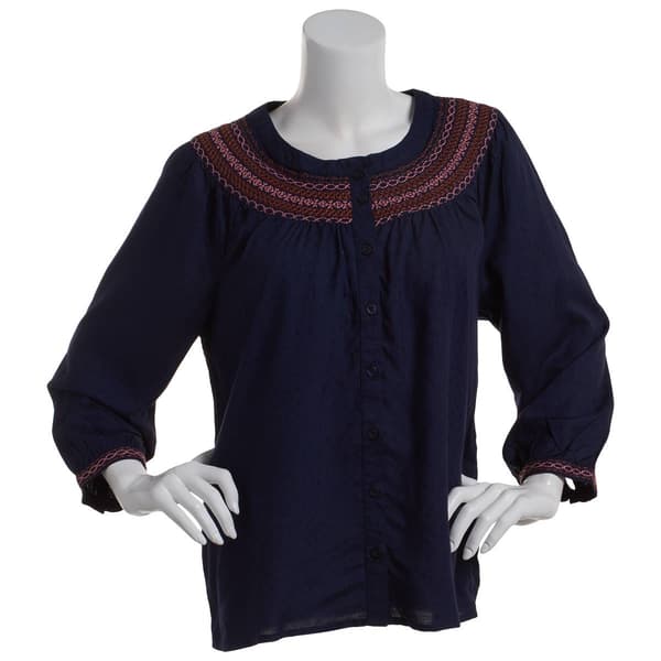 Womens Erika Blake Tonal Embroidered Yoke Button Front Blouse - image 