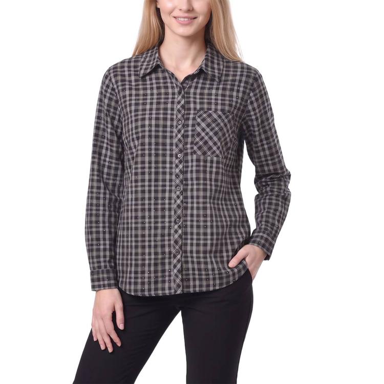 Womens NY Collection Long Sleeve Plaid Button Down With Heat