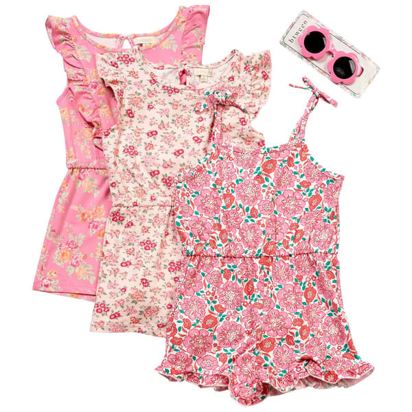 Girls (7-12) BTween(R) 3pk. Floral Ruffle Rompers w/ Sunglasses