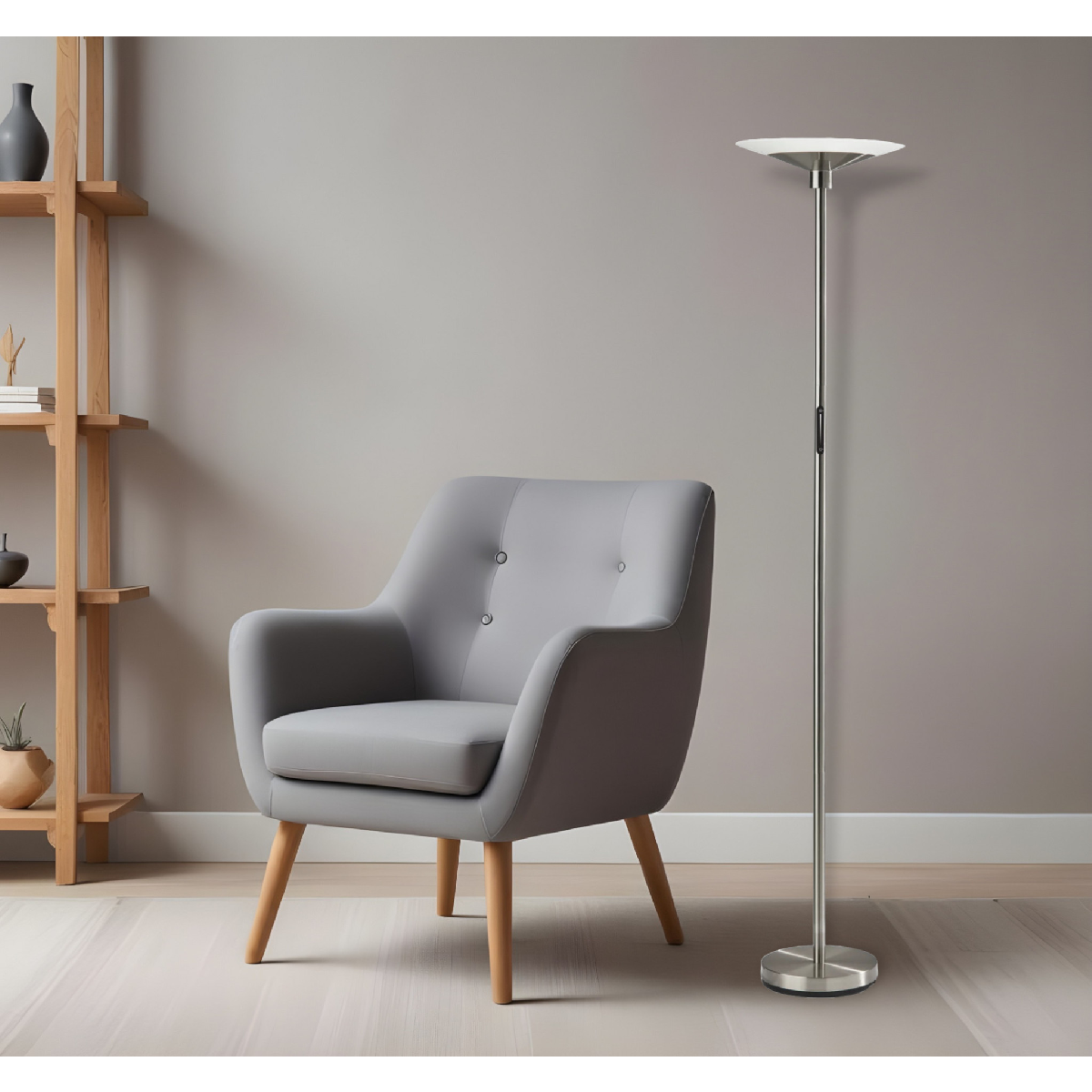 HomeRoots 71in. Silver LED Torchiere Floor Lamp With Glass Shade