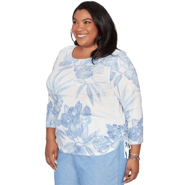Plus Size Alfred Dunner Caribbean Blues Side Tie Floral Blouse