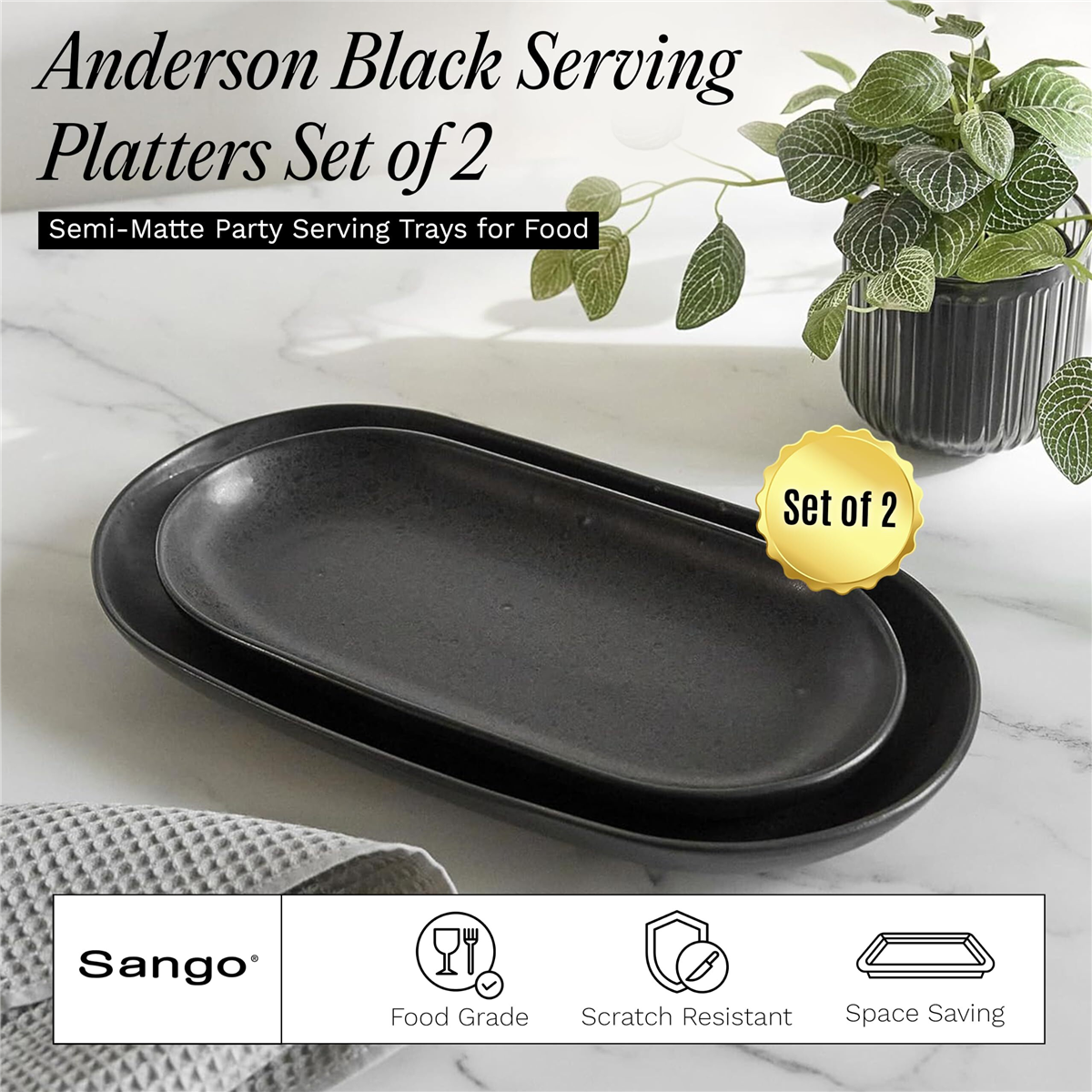 Sango Anderson Black Large Ceramic Serving Platters - Set of 2