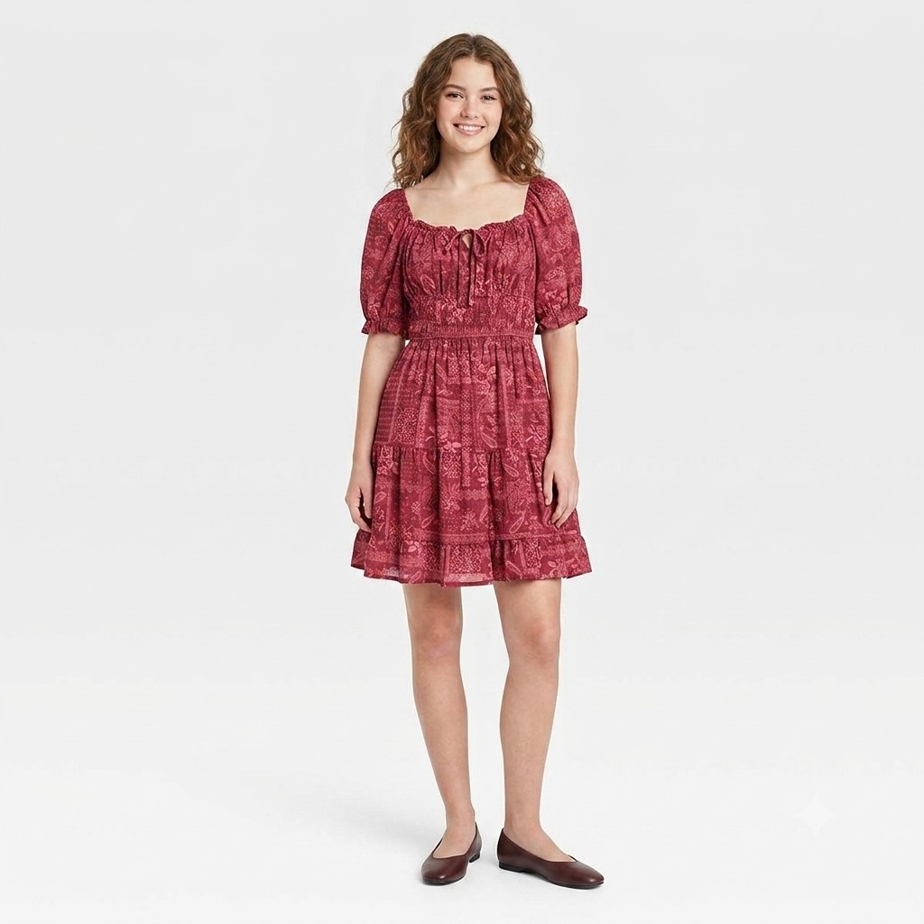 Juniors Jolt Puff Sleeve Ruch Waist A-Line Dress