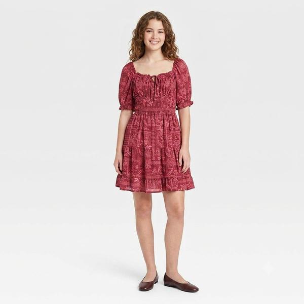 Juniors Jolt Puff Sleeve Ruch Waist A-Line Dress