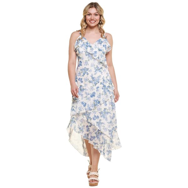 Juniors No Comment Asymmetrical Floral Mesh Midi-Slip Dress