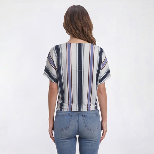 Womens Tru Self Dolman Sleeve Faux Button Tie Front Stripe Tee