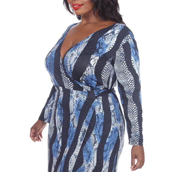 Plus Size White Mark Blue Snake Wrap Dress