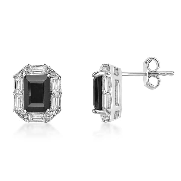 Gemminded Sterling Silver Baguette Onyx & White Sapphire Earrings
