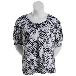 Plus Size Notations Short Sleeve Abstract Bar Neck Knit Blouse