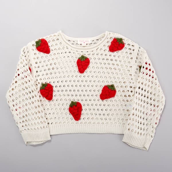 Girls &#40;7-16&#41; Poof Girl Long Sleeve Strawberry Crochet Sweater