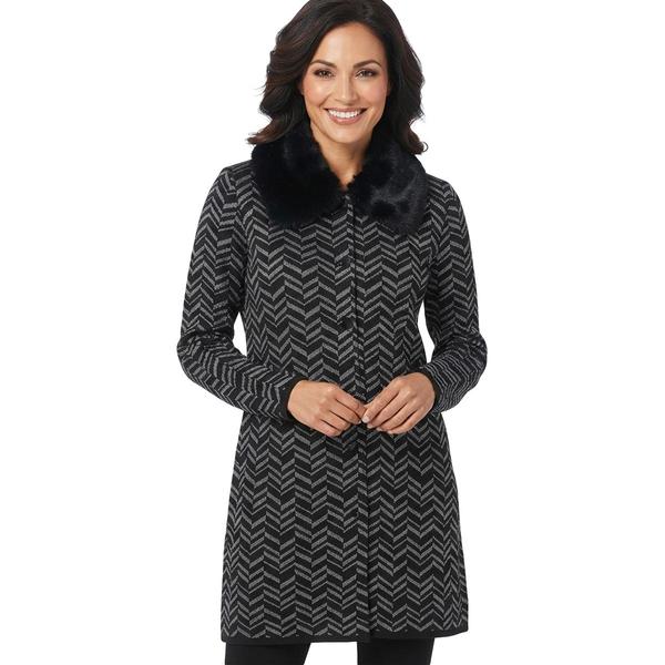 Petite Kasper Long Sleeve Fur Collar Metallic Chevron Cardigan - image 