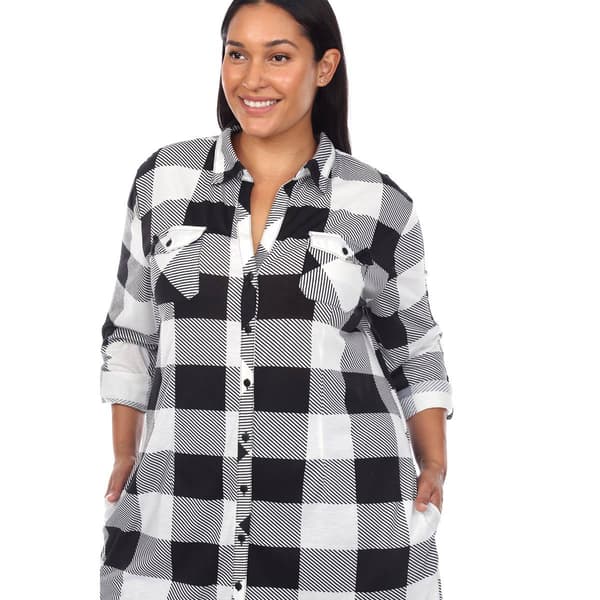 Plus Size White Mark Long Sleeve Roll Cuff Plaid Shirt Dress