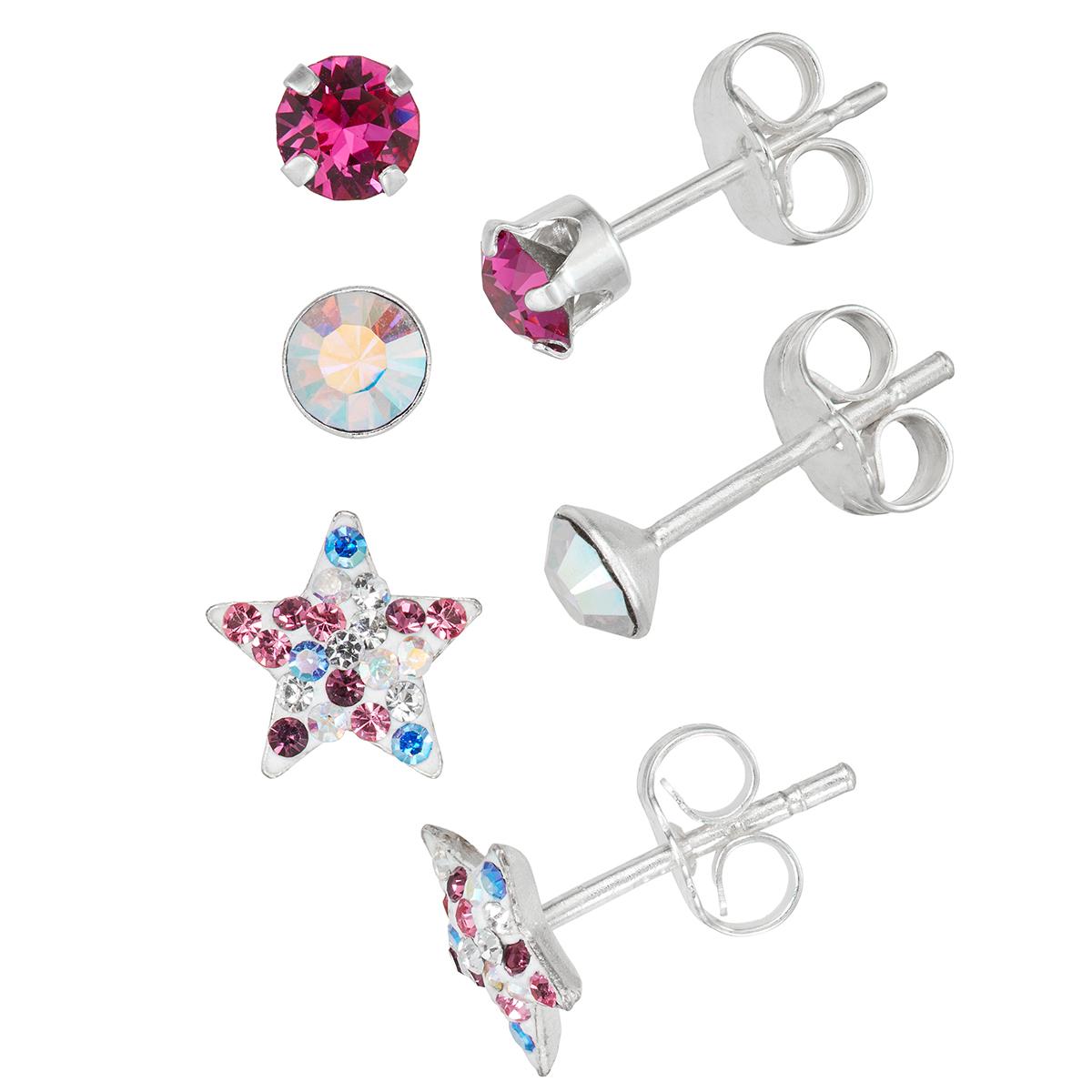 Kids Sterling Silver 3pr. Silver/Fuchsia/Blue Stud Earrings...
