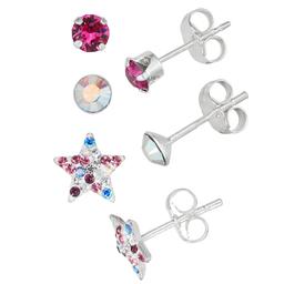 Kids Sterling Silver 3pr. Silver/Fuchsia/Blue Stud Earrings Set