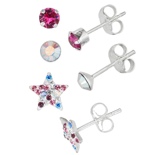 Kids Sterling Silver 3pr. Silver/Fuchsia/Blue Stud Earrings Set - image 