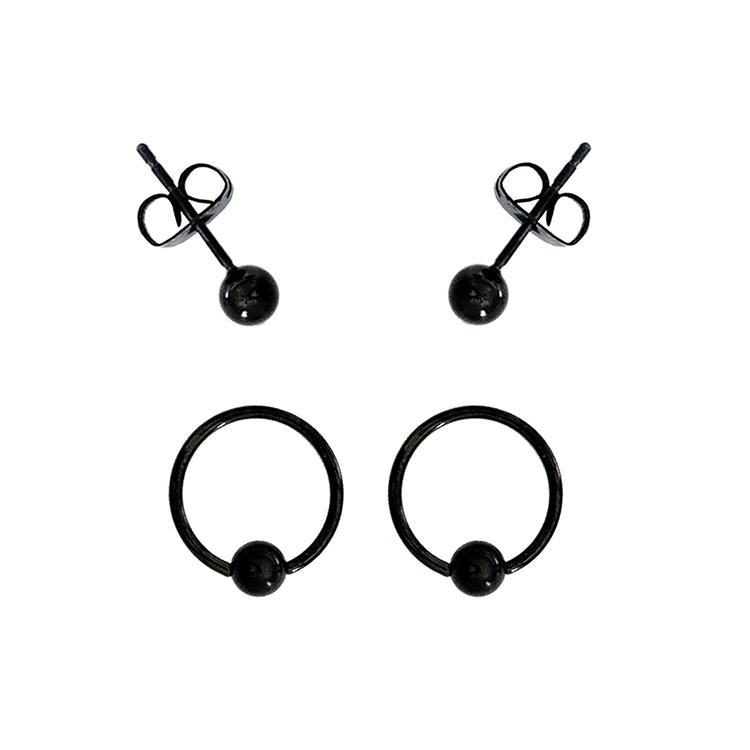 2pk. Black Surgical Steel Bead Ring & Ball Studs Set