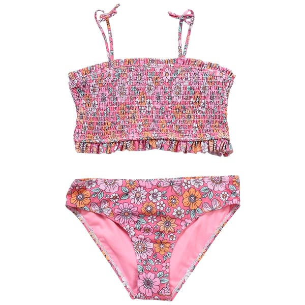 Girls &#40;7-16&#41; Kensie Girl Floral Smocked Bikini Swim Set - Coral - image 