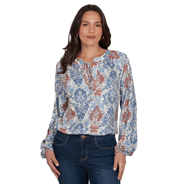 Petite Skyes the Limit Urban Heirloom Tie Neck Damask Blouse - image 
