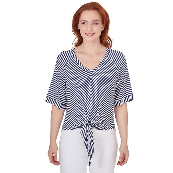 Womens Skye''s The Limit Coastal Blues Striped Tie Front Top - image 
