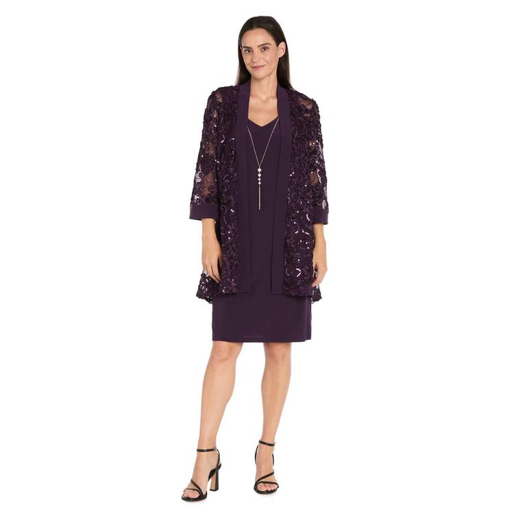 Womens R&M Richards Embroidered Sequin Soutache Jacket Dress