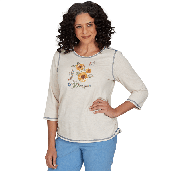 Petite Alfred Dunner Tuscany Sunflower Embroidered Blouse