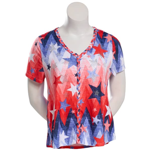 Womens Thomas & Olivia Short Sleeve Stars Braided V-Neck Tee - image 